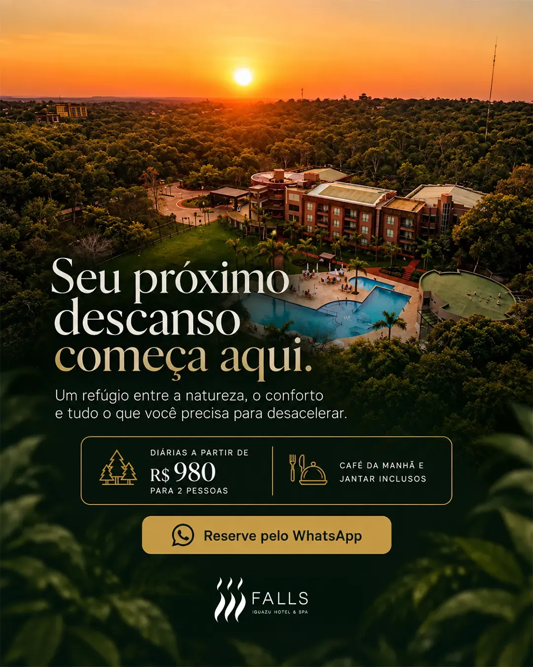 Arte das diárias do Falls Iguazú: seu próximo descanso começa aqui, vista aérea do hotel na selva ao pôr do sol, diárias para 2 pessoas com café da manhã e jantar inclusos