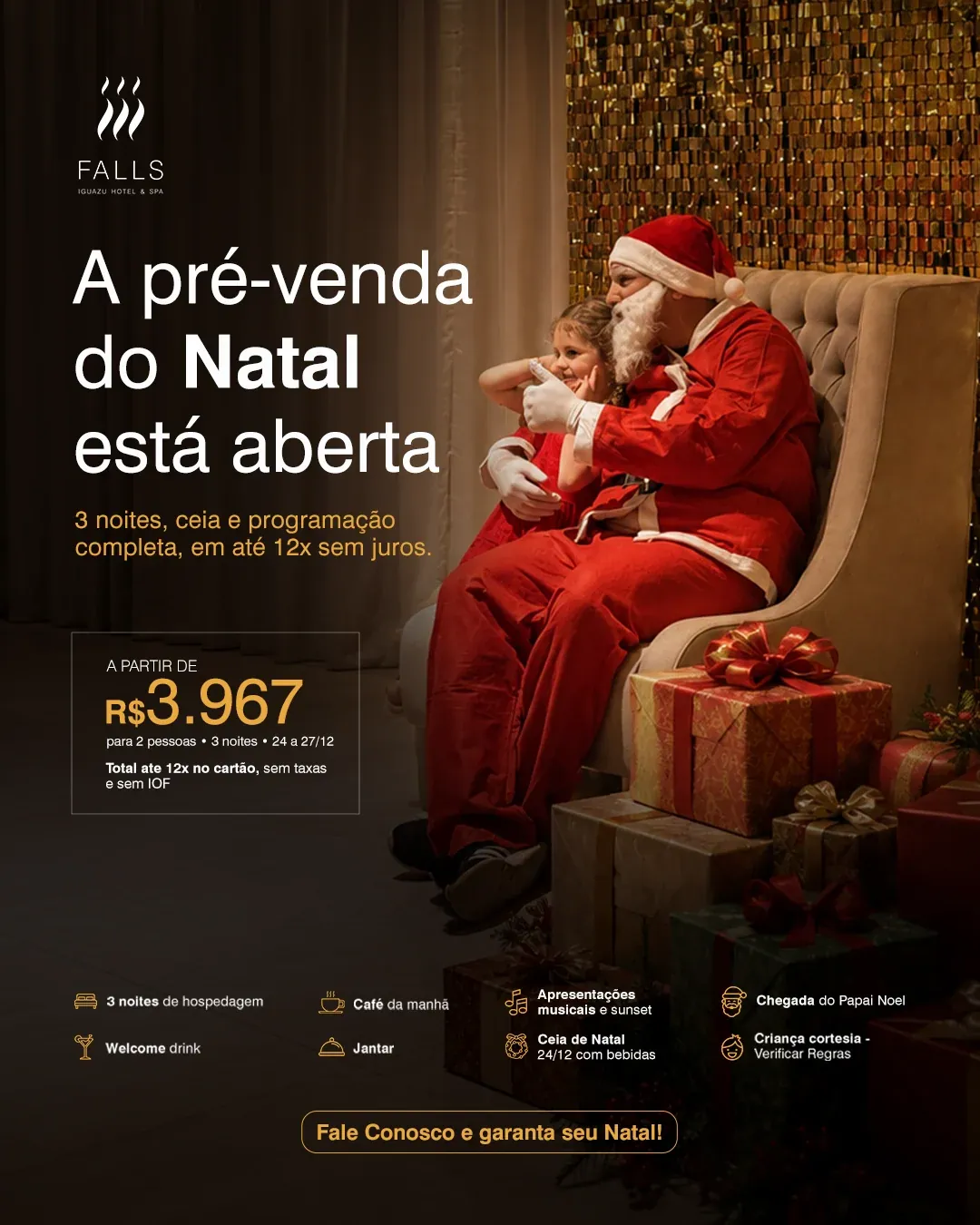 Arte da pré-venda do Natal: 3 noites, ceia e programação completa de 24 a 27 de dezembro, a partir de R$ 3.967 para 2 pessoas, em até 12x sem juros